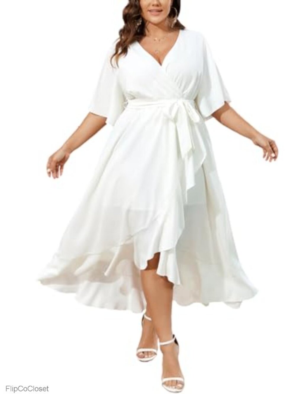 Plus Size Wrap Maxi Dress V-Neck Ruffle Sleeve Wedding Guest